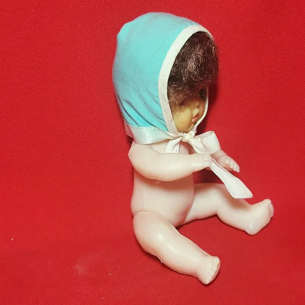 Vintage Collectible Doll Rooted Brown Hair Blue Eyes Blue White Bonnet